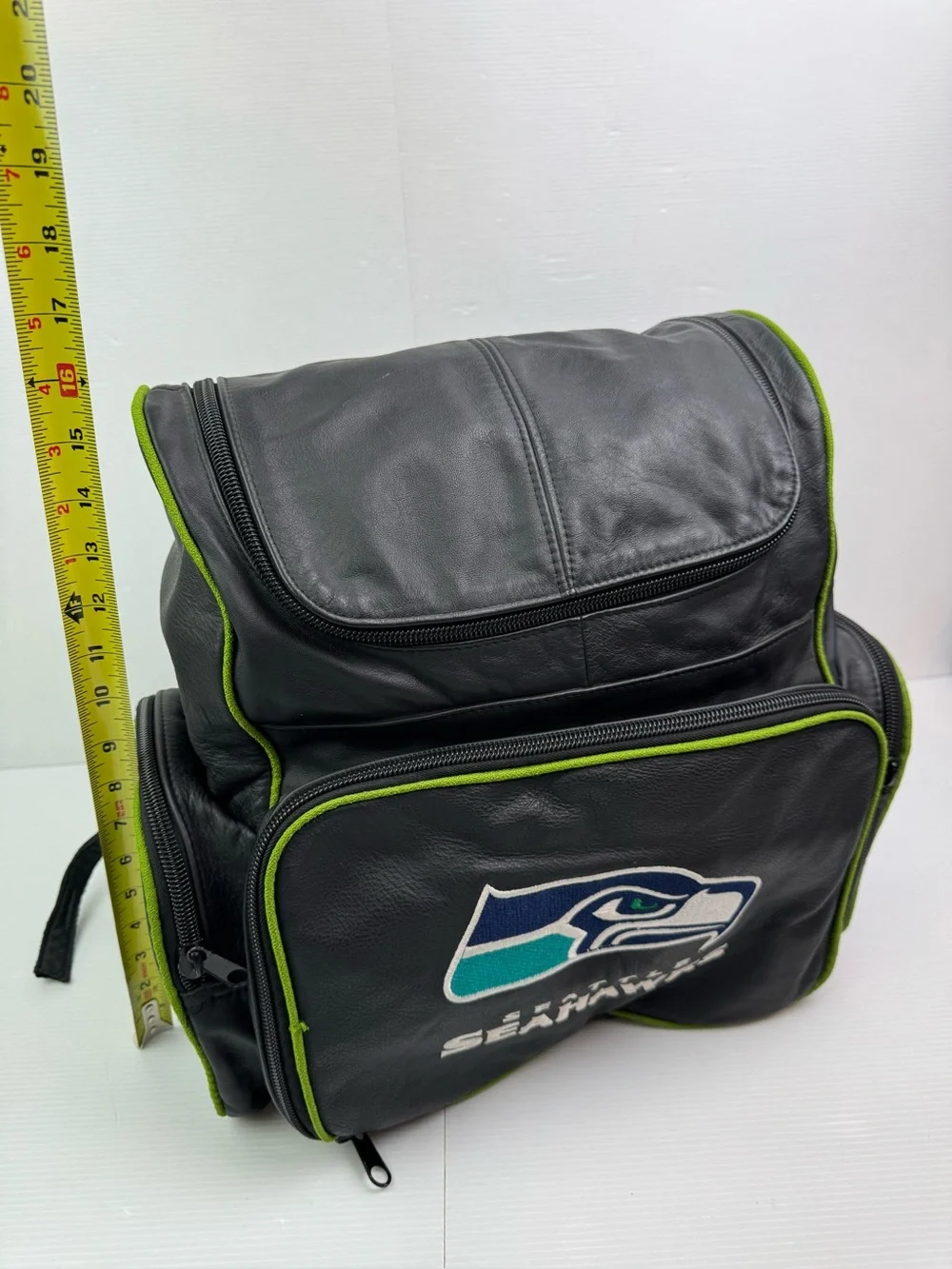 Seattle Seahawks Genuine Leather Backpack VTG Style Black Action Green NFL
